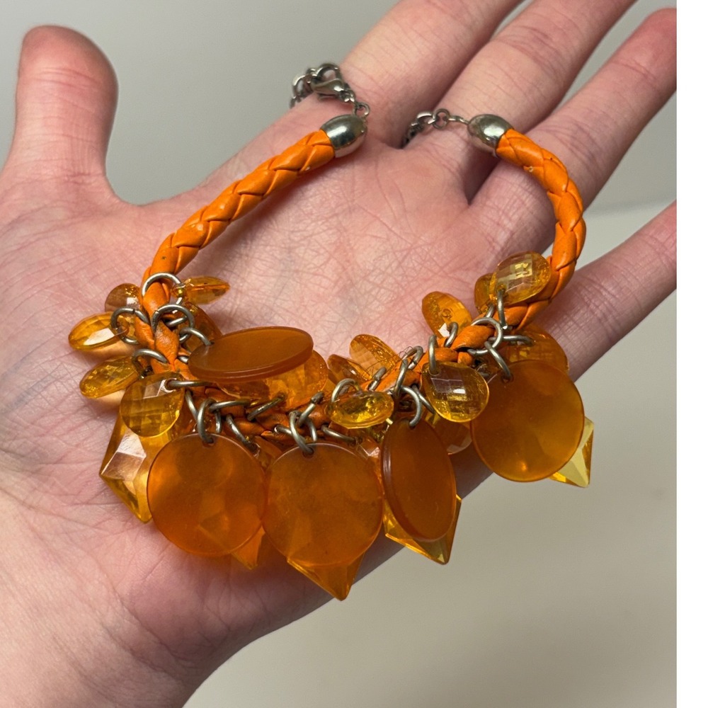 Orange Braided Cord Statement Charm Bracelet Honey Acrylic Geometric Discs
